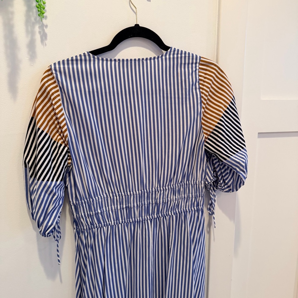 LOFT Striped Midi Dress Tie Puff Sleeve Blue Tan Minimalist Women's Dress MP - Picture 7 of 11
